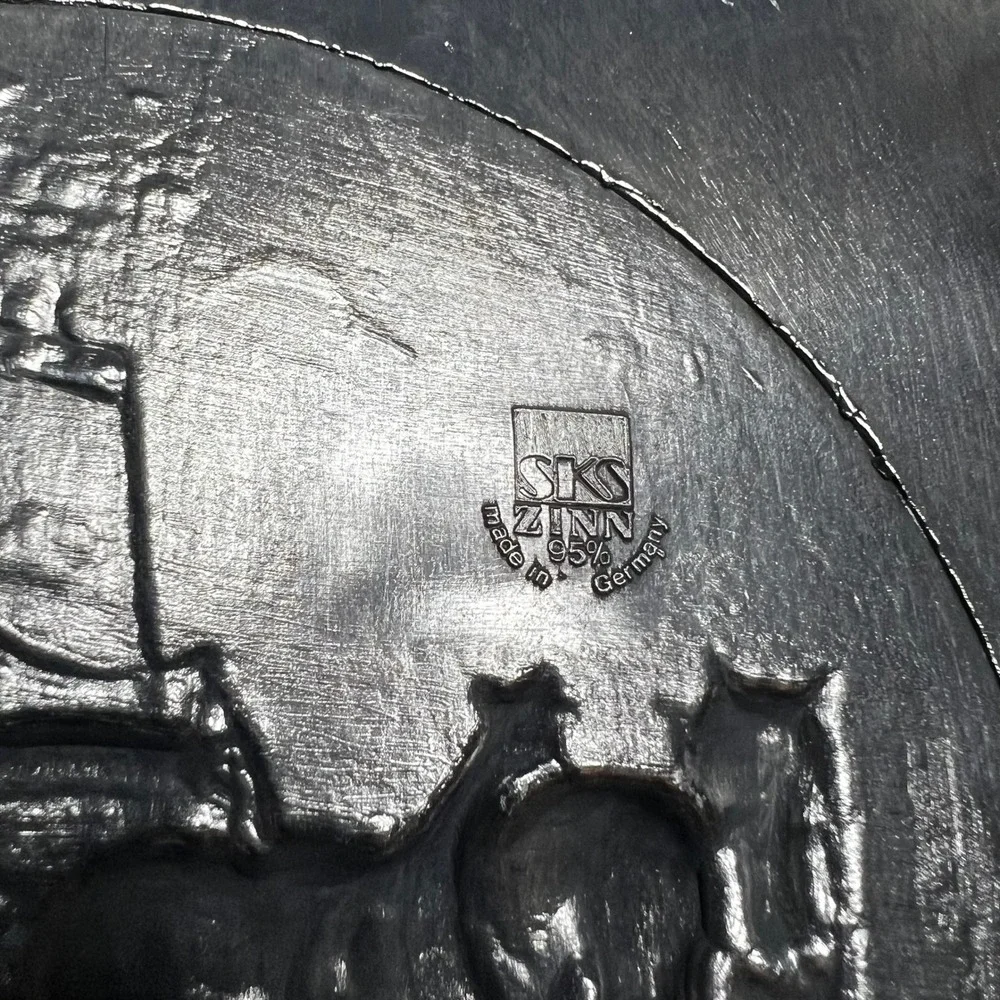 Vintage SKS Zinn 95 Pewter Relief Horse Beer Wagon Oak Key Cabinet Germany